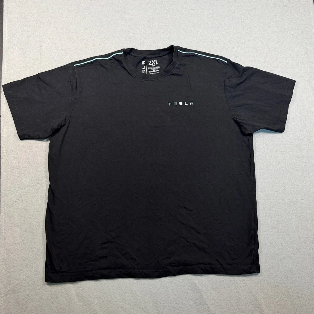 Tesla Mens Logo Graphic T-Shirt 2XL Black Cotton Short Sleeve Shoulder Piping
